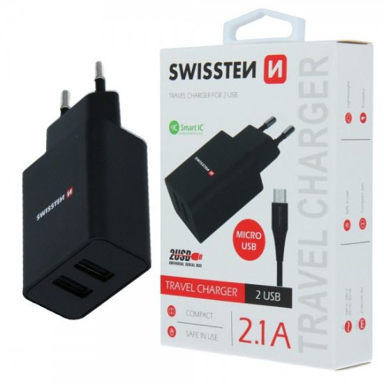 Picture of SWISSTEN Charger 2x USB 2.1A+micro USB 1.2m black