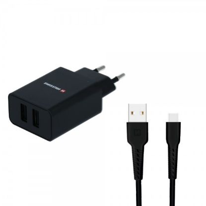 Picture of SWISSTEN Charger 2x USB 2.1A+USB TYPE C 1.2m black