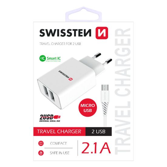 Picture of SWISSTEN TRAVEL CHARGER SMART IC, CE WITH 2x USB 2,1A POWER + DATA CABLE USB / MICRO USB 1,2 M WHITE